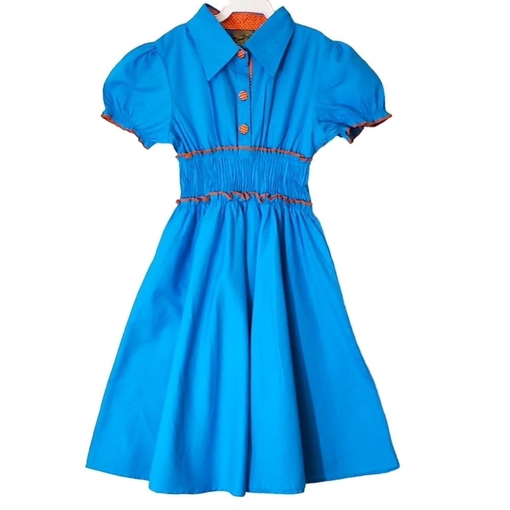 Marie Elena Blue Shirred Puff-Sleeve Dress Girls NWT 5